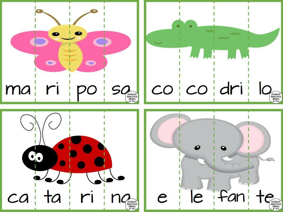 Geniales tarjetas de animales divididas por sílabas para preescolar, primer y segundo grado de ...