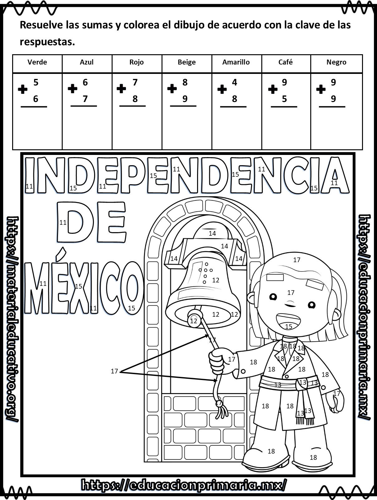 Suma, resta y colorea el dibujo de la independencia de México del primer  grado de primaria | Material Educativo