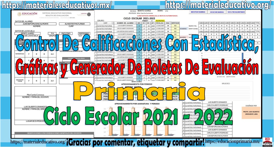 Control de calificaciones con estadística, gráficas y generador de boletas de evaluación para todos los grados de primaria del ciclo escolar 2021-2022