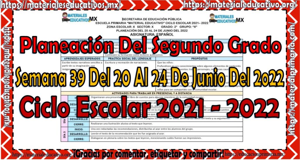 Planeación del segundo grado de primaria semana 39 del 20 al 24 de junio del 2022