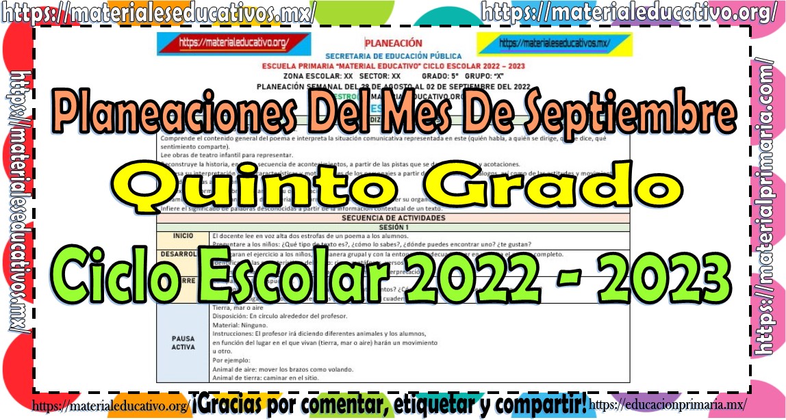 Planeación del quinto grado de primaria del mes de septiembre del ciclo