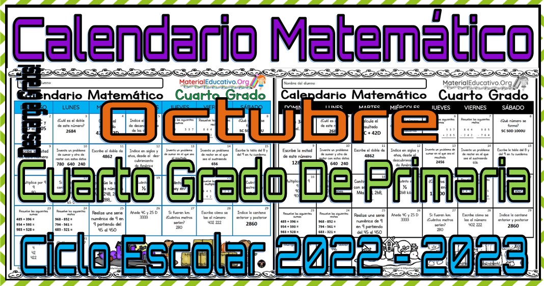 Calendario matemático del mes de octubre del cuarto grado de primaria del ciclo escolar 2022 - 2023