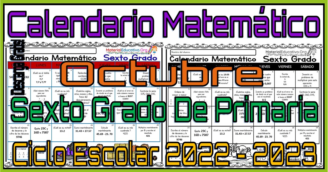 Calendario matemático del mes de octubre del sexto grado de primaria del ciclo escolar 2022 - 2023