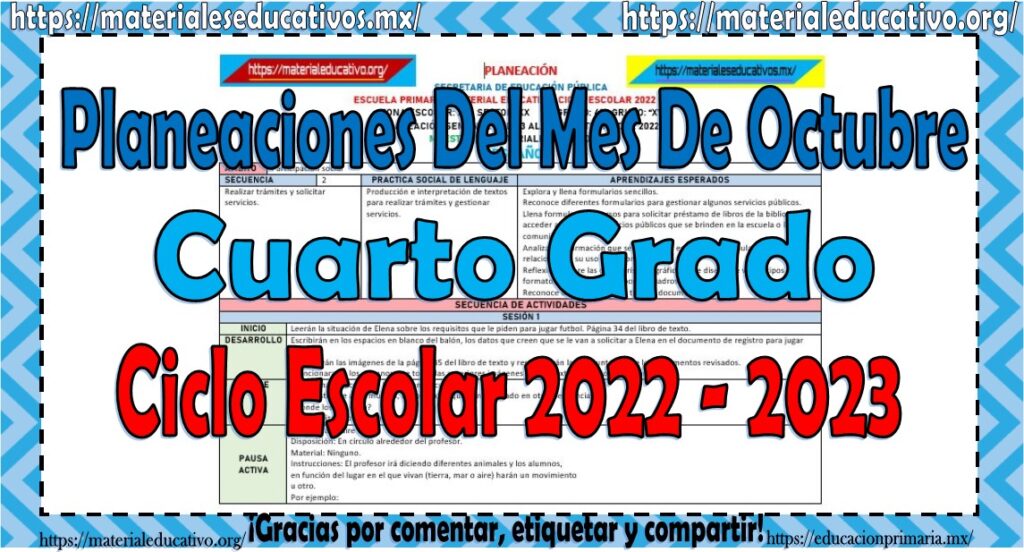 Planeación del cuarto grado de primaria del mes de octubre del ciclo escolar 2022 - 2023