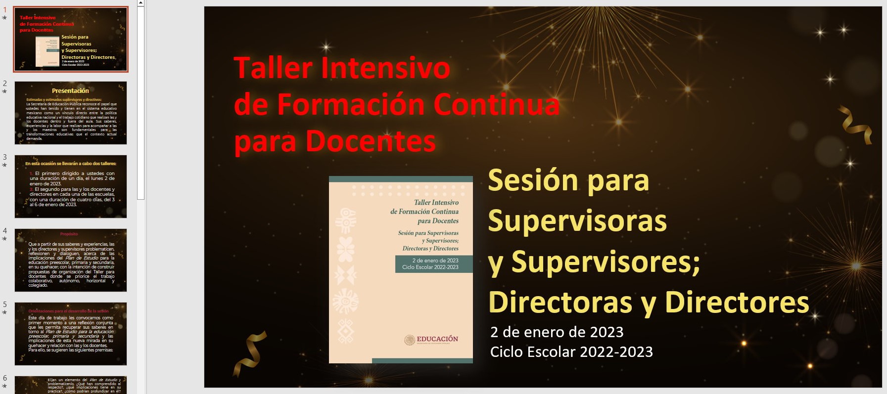 Presentación en PowerPoint y PDF del Taller Intensivo de Formación Continua para Docentes Sesión para Supervisoras y Supervisores; Directoras y Directores del 2 de enero de 2023
