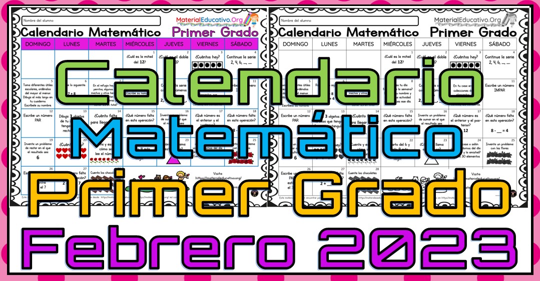 Calendario matemático del primer grado de primaria del mes de febrero del 2023