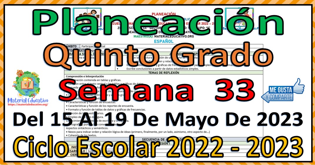 Planeación del quinto grado de primaria de la semana 33 del 15 al 19 de mayo del ciclo escolar 2022 - 2023
