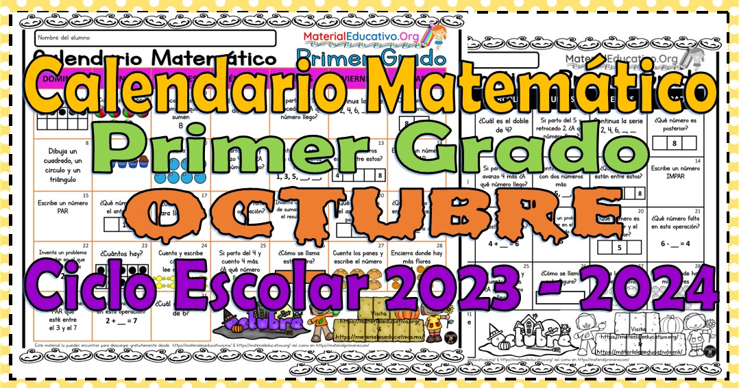 Calendario matemático del primer grado del mes octubre del ciclo escolar 2023 - 2024
