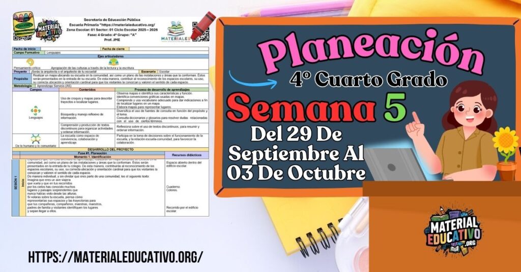 Planeación didáctica por proyectos del cuarto grado de primaria semana 5 del 29 de septiembre al 03 de octubre ciclo escolar 2025 - 2026