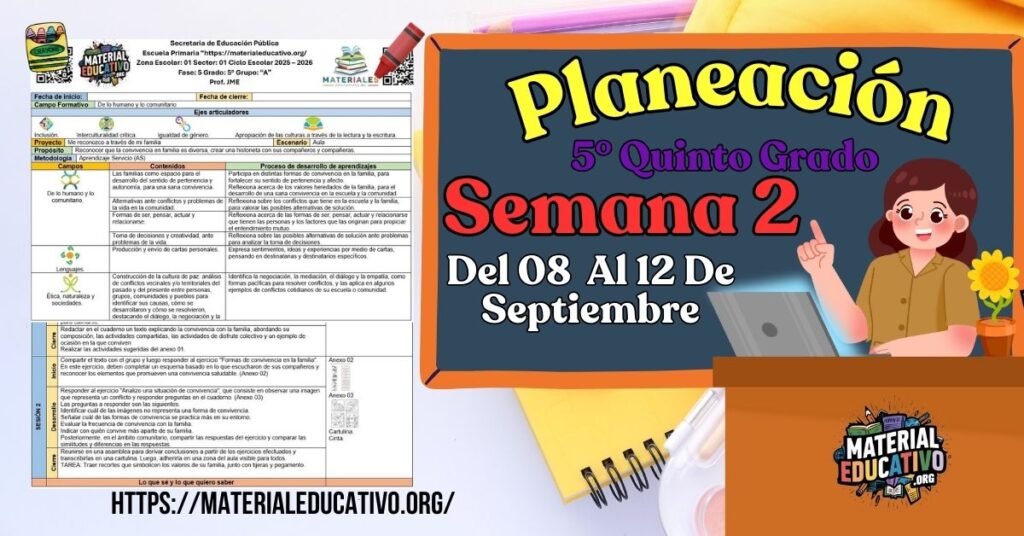 Planeación didáctica por proyectos del quinto grado de primaria semana 2 del 08 al 12 de septiembre ciclo escolar 2025 - 2026