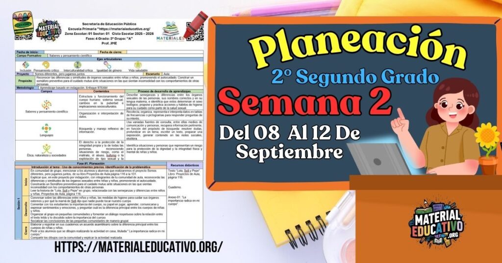 Planeación didáctica por proyectos del segundo grado de primaria semana 2 del 08 al 12 de septiembre ciclo escolar 2025 - 2026