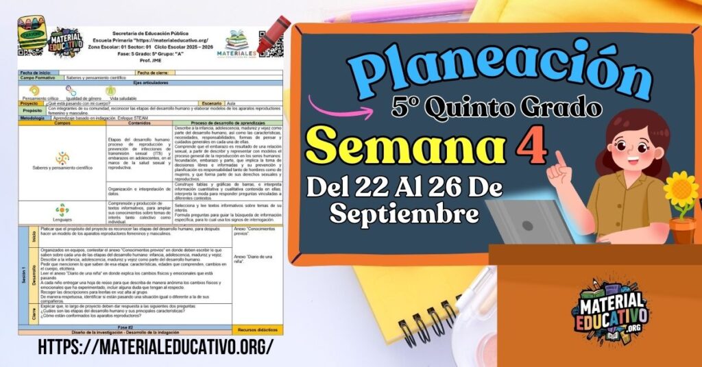 Planeación didáctica por proyectos del quinto grado de primaria semana 4 del 22 al 26 de septiembre ciclo escolar 2025 - 2026