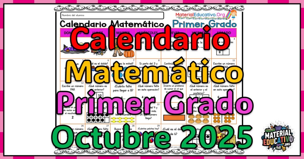 Calendario matemático del primer grado del mes de octubre de 2025