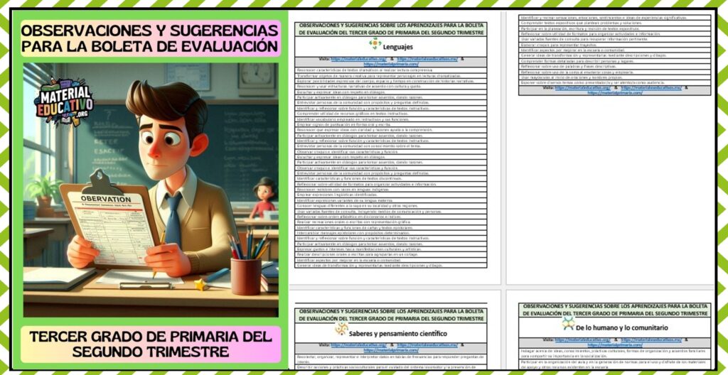 Observaciones y sugerencias para la boleta de evaluación del tercer grado de primaria del segundo trimestre del ciclo escolar 2025 – 2026