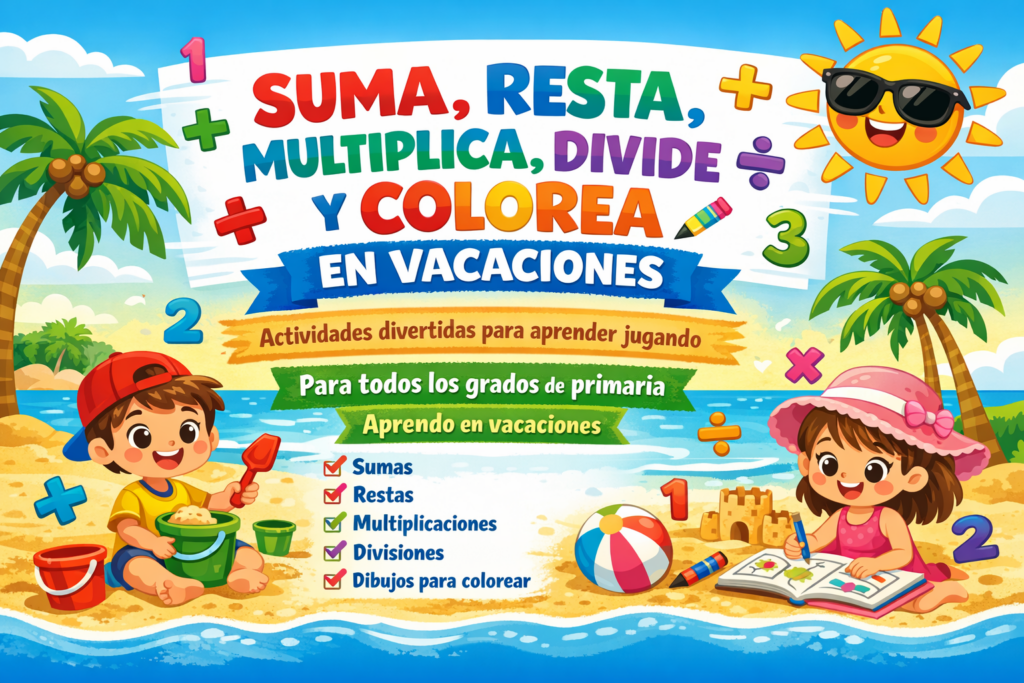 Suma, resta, multiplica, divide y colorea el dibujo aprendo en vacaciones para todos los grados de primaria