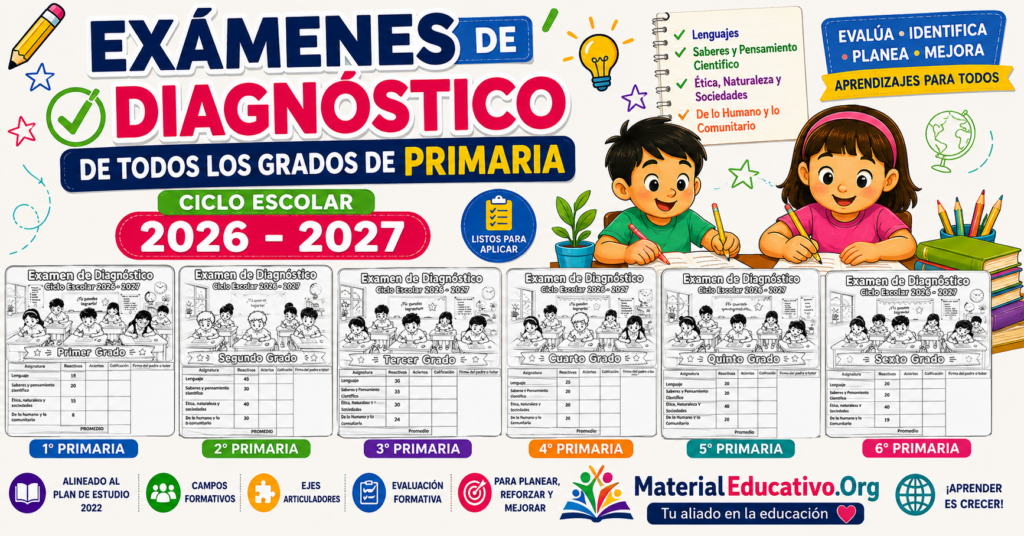 Exámenes de diagnóstico de todos los grados de primaria del ciclo escolar 2026 – 2027