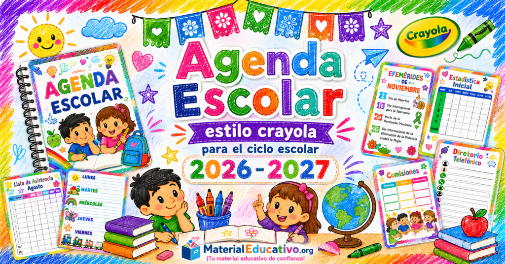 Hermosa agenda escolar estilo crayola para el ciclo escolar 2026 - 2027