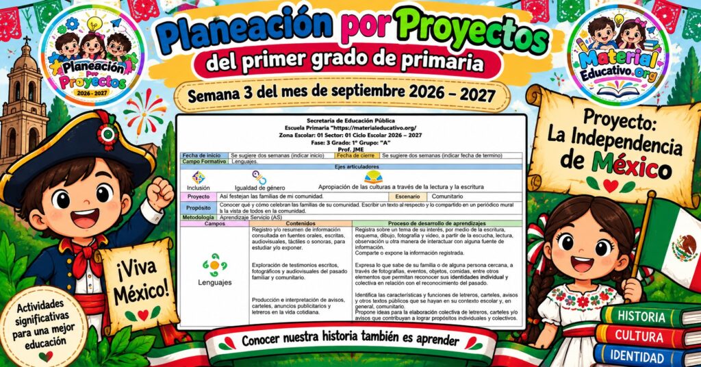 Planeación por proyectos del primer grado de primaria semana 3 del mes de septiembre 2026 – 2027
