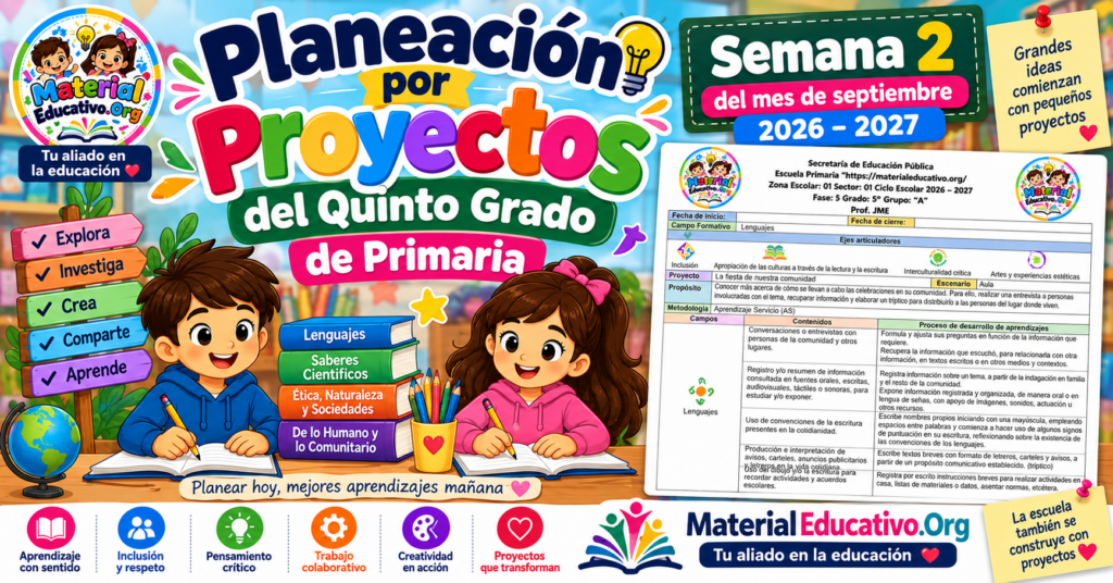 Planeación por proyectos del quinto grado de primaria semana 2 del mes de septiembre 2026 – 2027