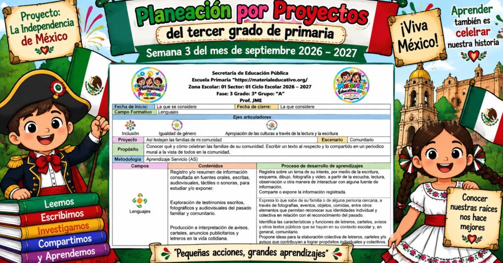 Planeación por proyectos del tercer grado de primaria semana 3 del mes de septiembre 2026 – 2027