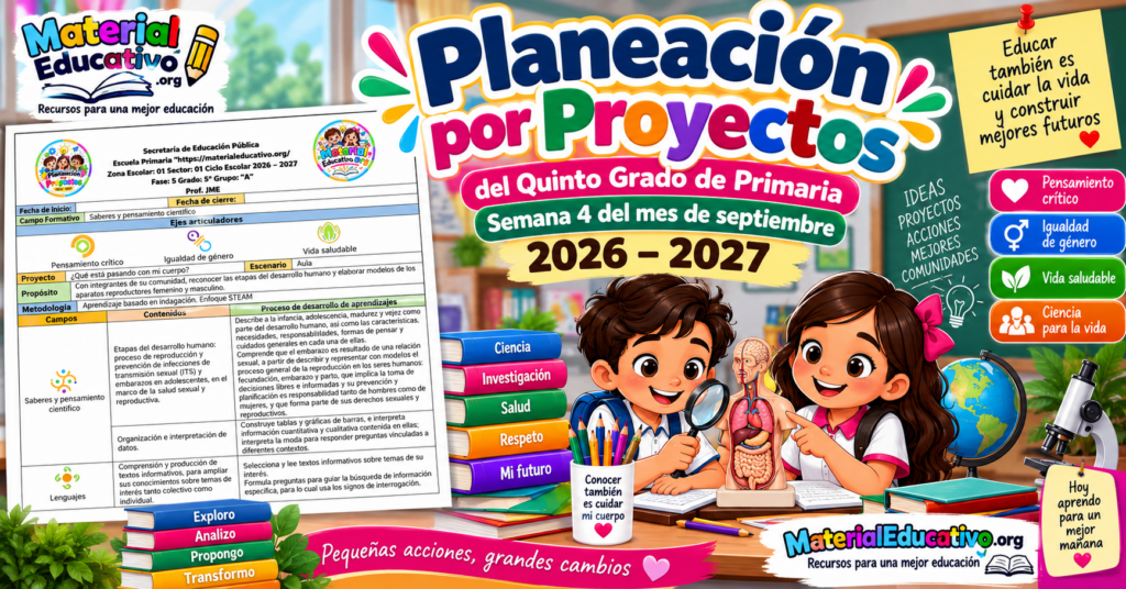 Planeación por proyectos del quinto grado de primaria semana 4 del mes de septiembre 2026 – 2027
