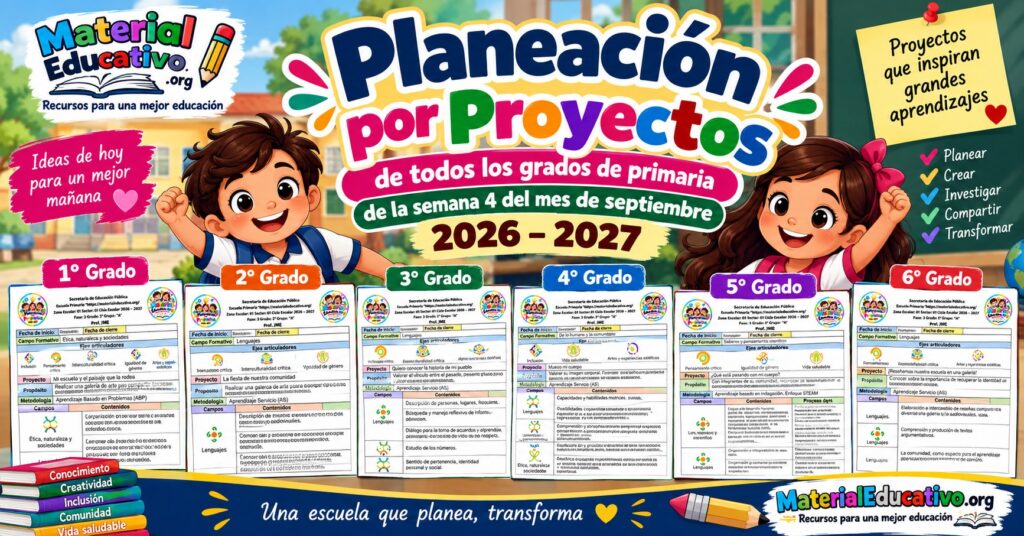 Planeación por proyectos de todos los grados de primaria de la semana 4 del mes de septiembre 2026 – 2027