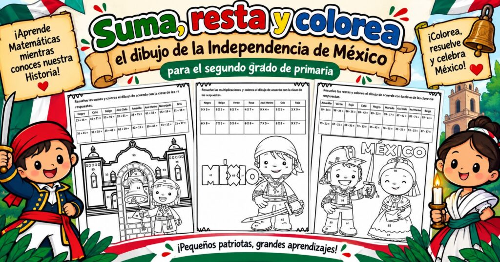 Suma, resta y colorea el dibujo de la Independencia de México para el segundo grado de primaria